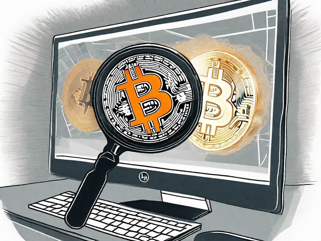 Een vergrootglas dat boven een computerscherm zweeft en een bitcoin-symbool weergeeft