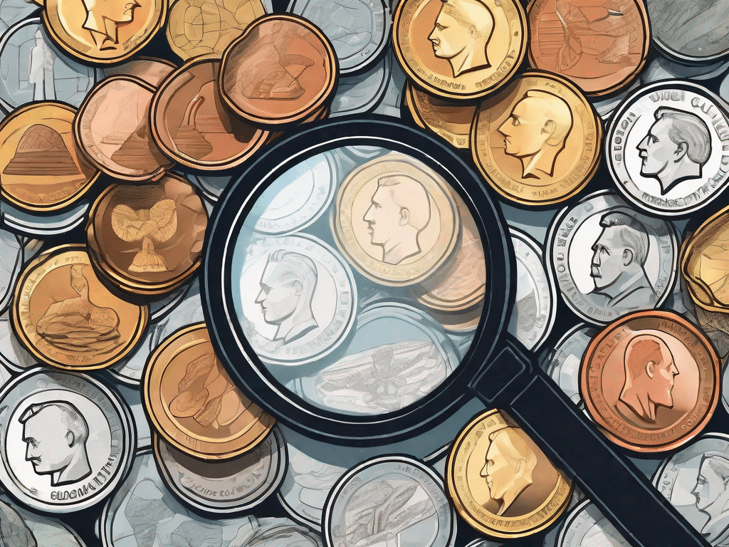 A magnifying glass hovering over a mix of genuine and counterfeit coins