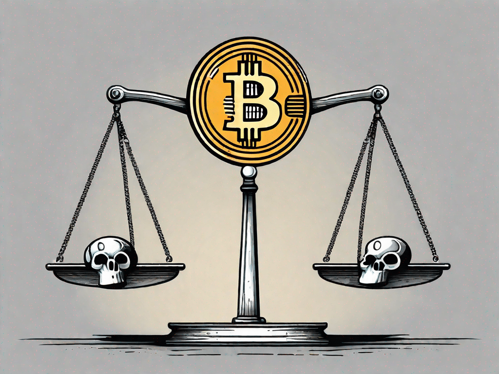 A bitcoin symbol teetering on a balance scale